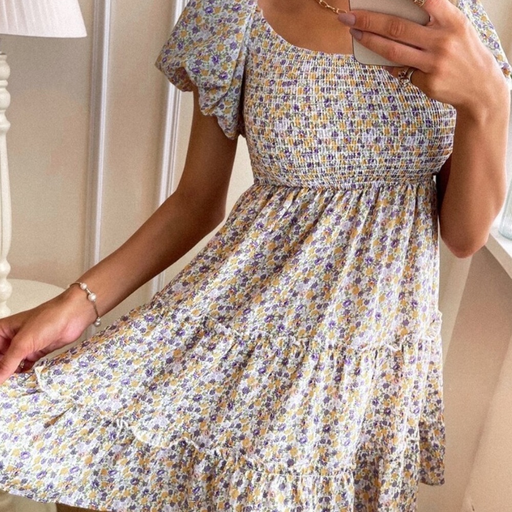 Boho Yellow Floral Off Shoulder Ruffle Mini - Picture 5 of 7